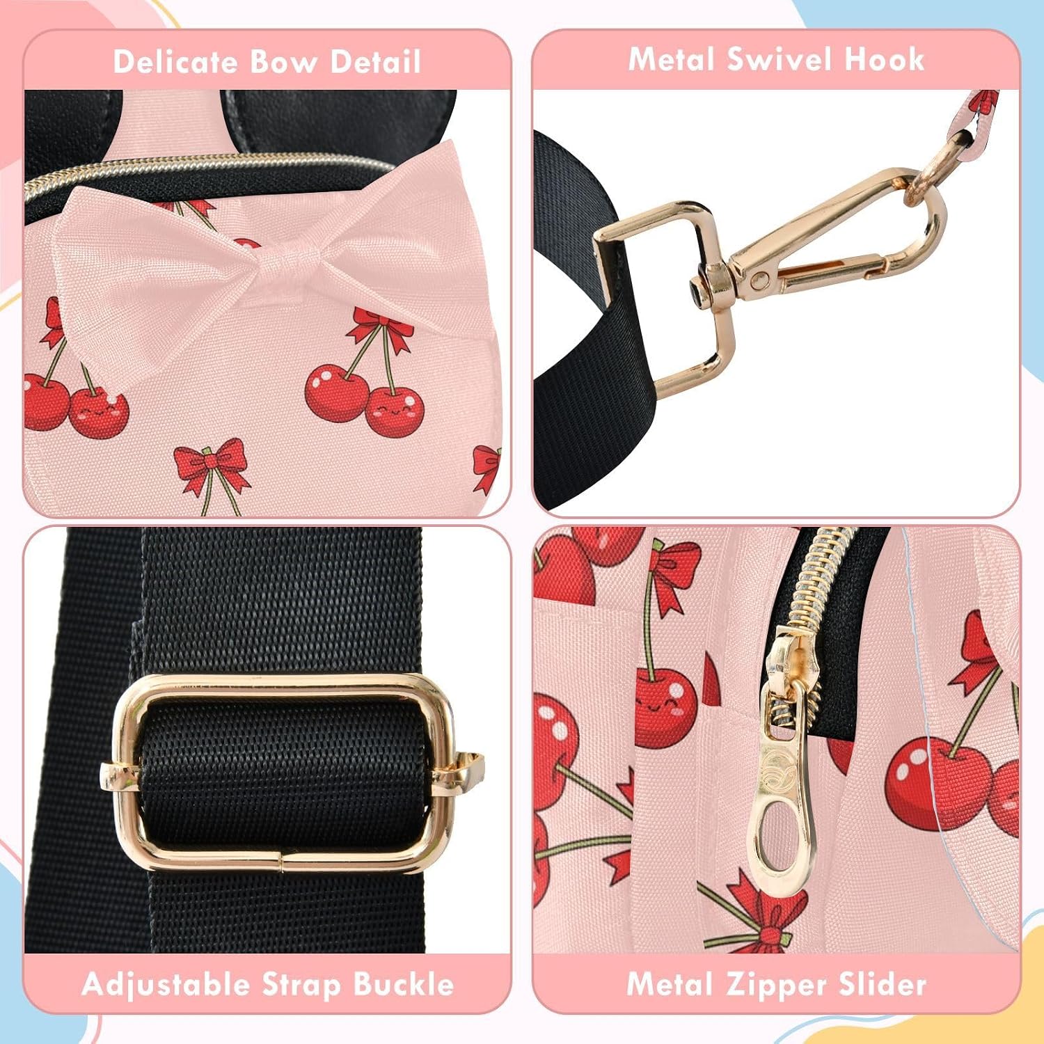 Cherries Kids Crossbody Bags for Girls, 3.1x7.5x5.7 In | Crossbody Fanny Pack, Toddler Purse, Cute Sling Belt Bag with Ears, 2L Small Shoulder Chest Bag for Travel