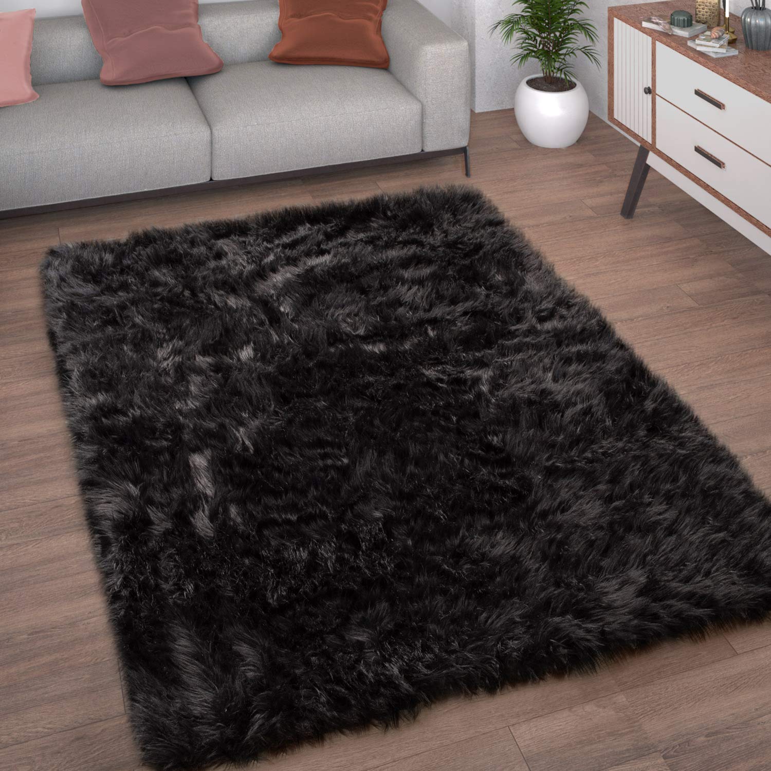 Paco Home Kunstfell Fellteppich Imitat Teppich Hochflor Sitzkissen Herzform Rund Fell Form, Grösse:45 cm Rund, Farbe:Schwarz