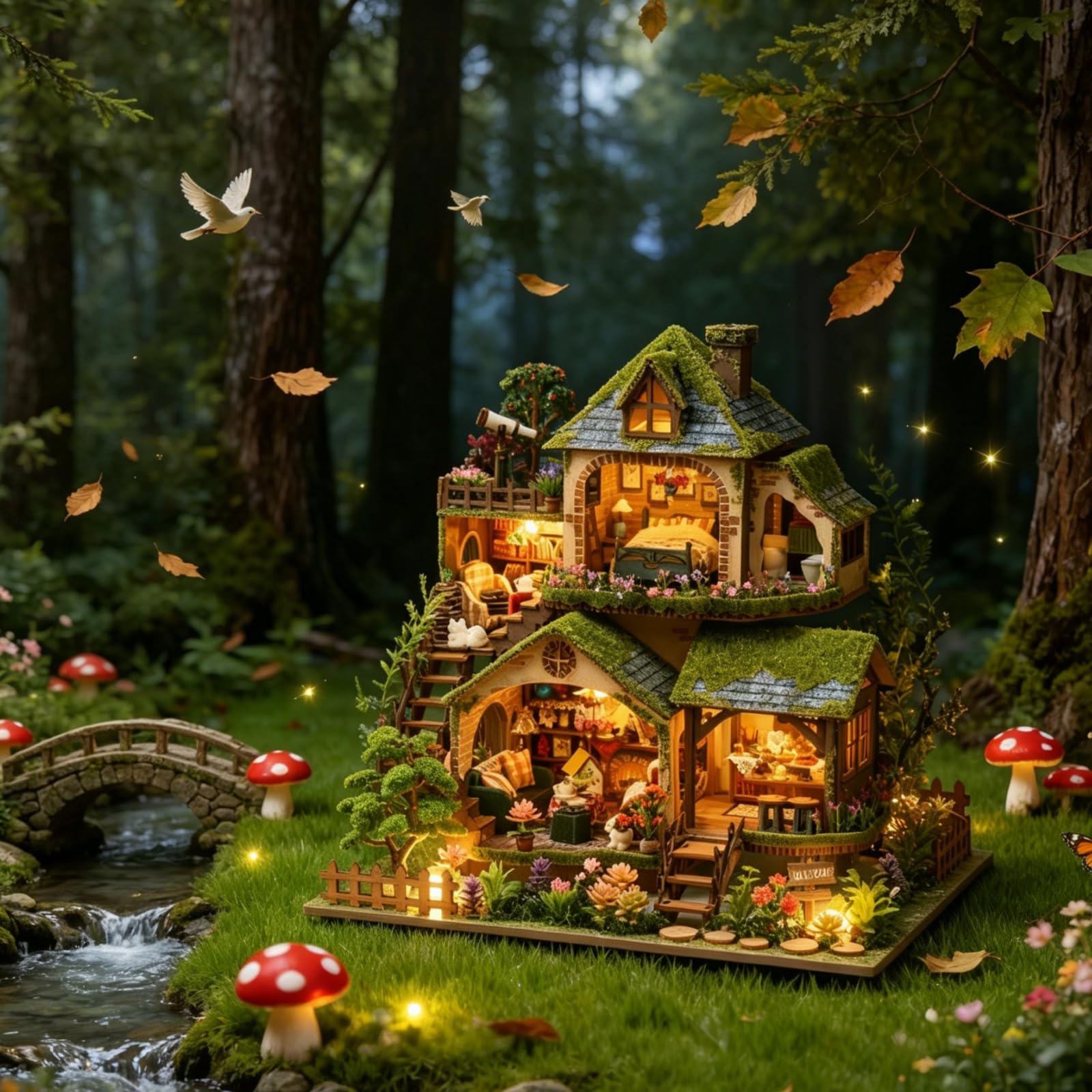 Cuteefun Casa de Muñecas de Madera con LED, Manualidades de Madera para Adultos Adolescentes para Construir, Regalos de Cumpleaños y Navidad (Aventuras Forestales)