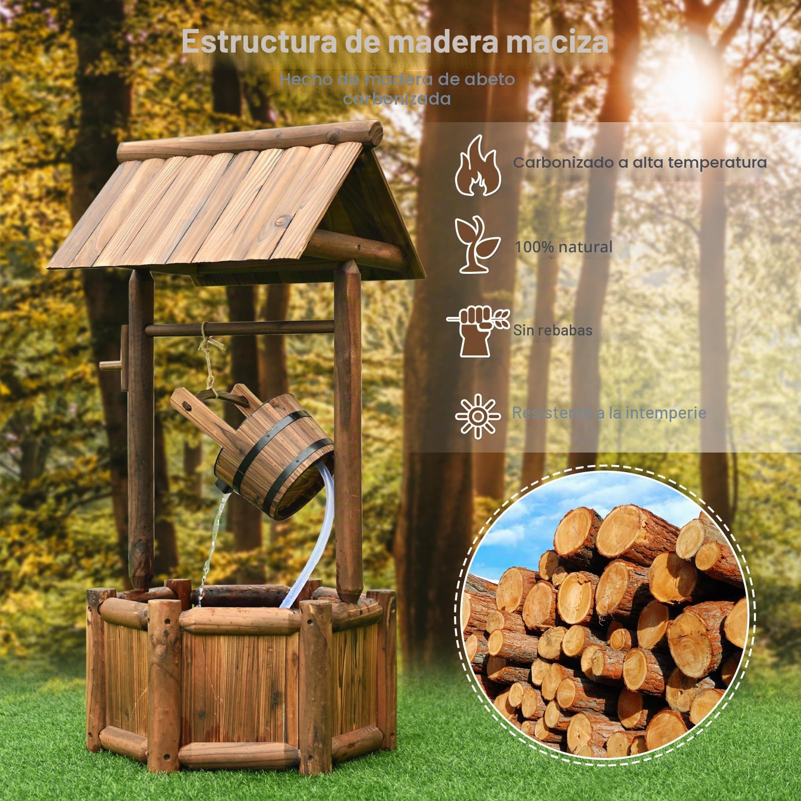 RELAX4LIFE Fuente de Jardín de Madera con Bomba Eléctrica 300L/H, Pozo Decorativa con Control del Caudal de Agua para Jardín, Balcón, Patio, 58,5×56×117cm, Marrón