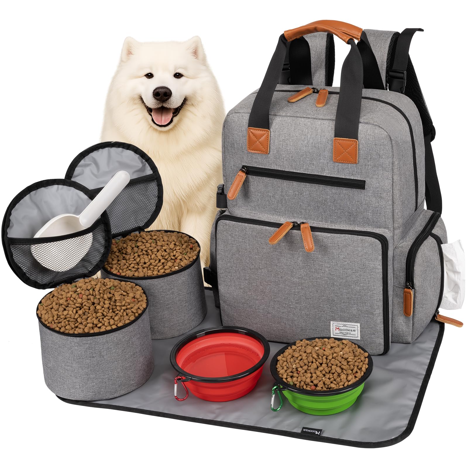 Modoker Dog Travel Bag, Airline Approved Backpack for Pet Accessories Organizer, Tote Weekend Bag with 2 Food Storage Containers, 2 Collapsible Dog