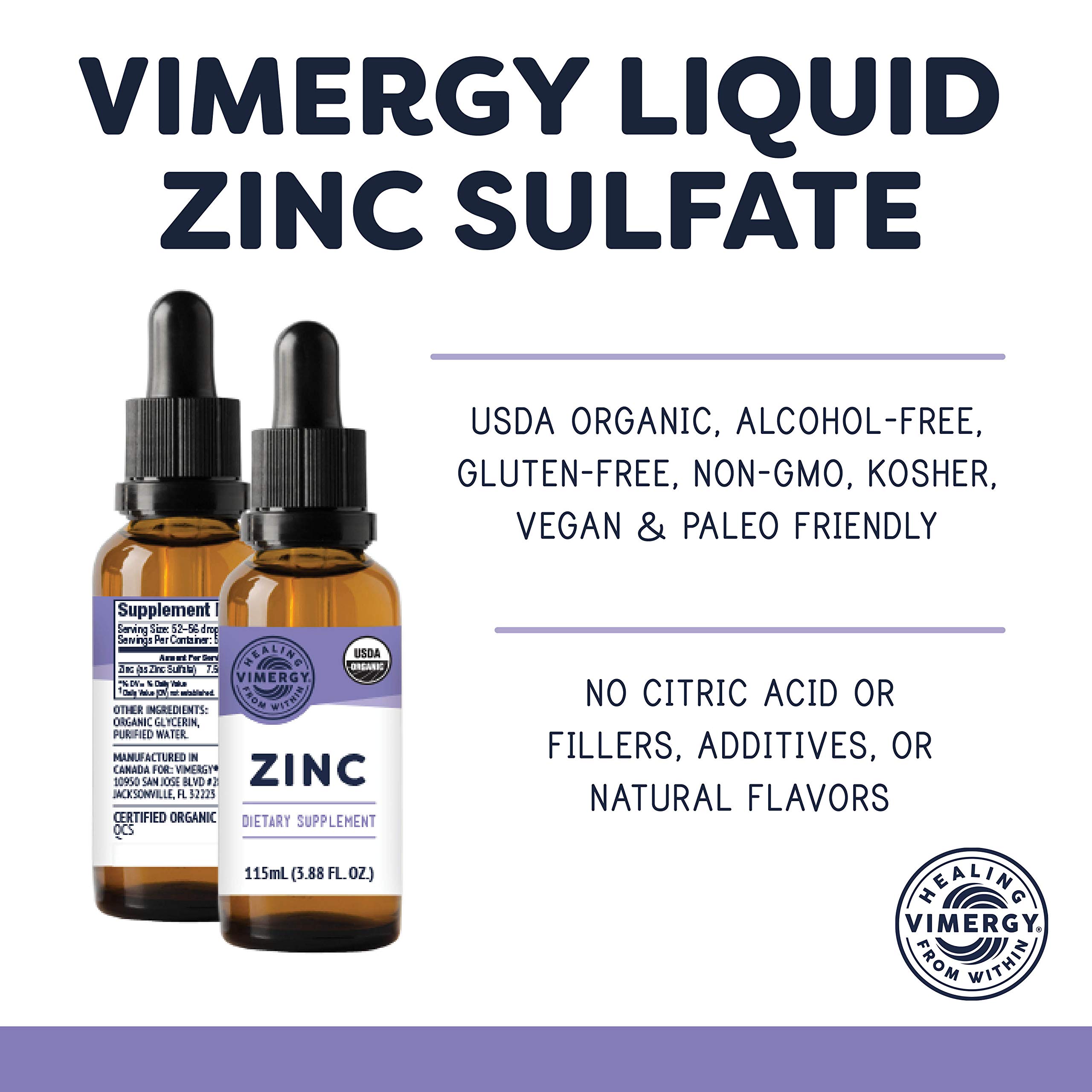 Buy Vimergy USDA Organic Zinc Sulfate Alcohol Free Liquid Zinc