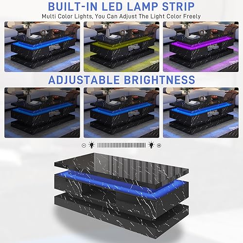 Miniatura 6 de Mesa de centro LED moderna de 47.2 pulgadas con 2 cajones deslizantes, mesas centrales de doble capa con luces LED para muebles de sala de estar,