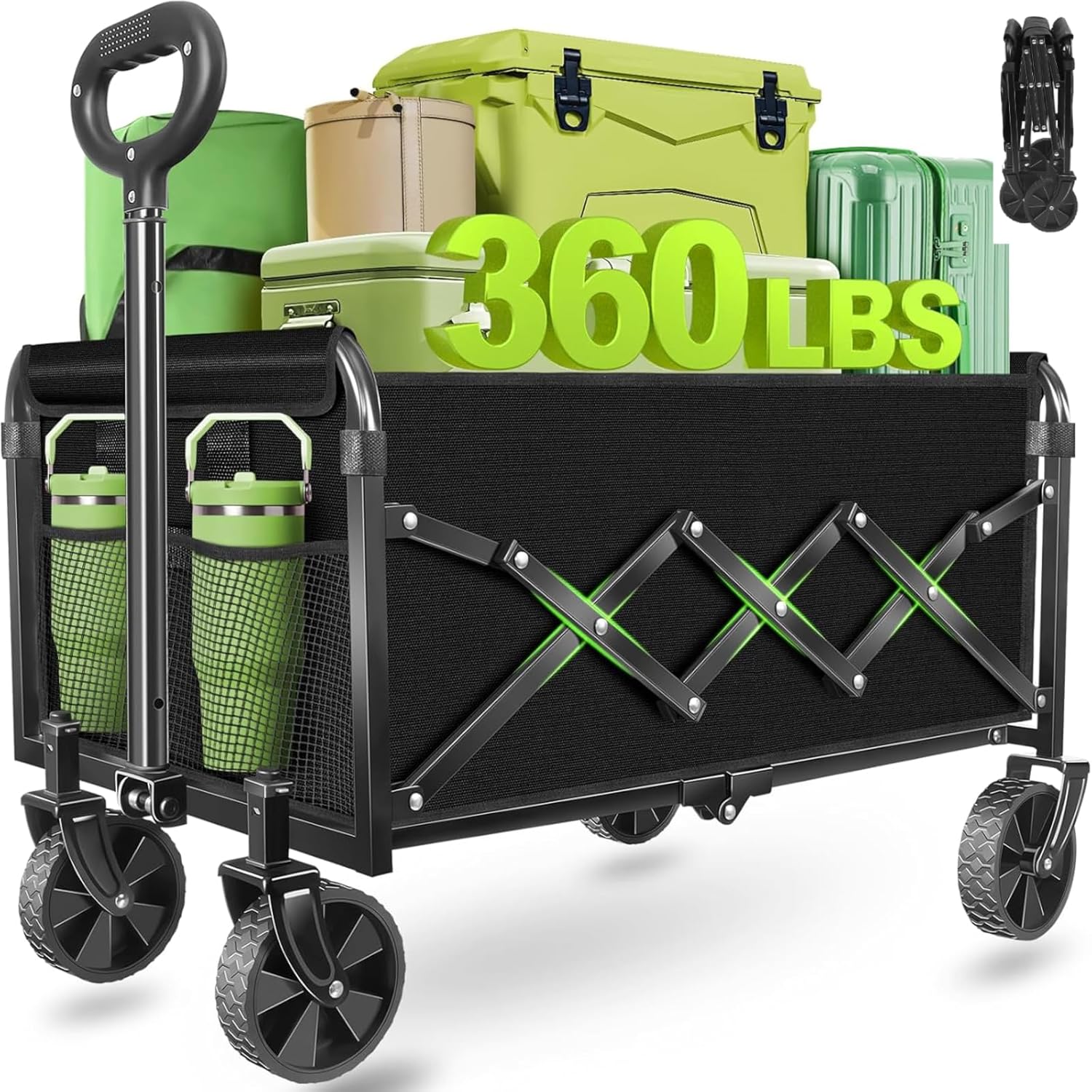 Wagons Carts Foldable - Collapsible Wagon Cart with Wheels – Folding Foldable Wagon Small Portable Lightweight for Sports, Camping, Storage, Travel, Shopping Deep Black