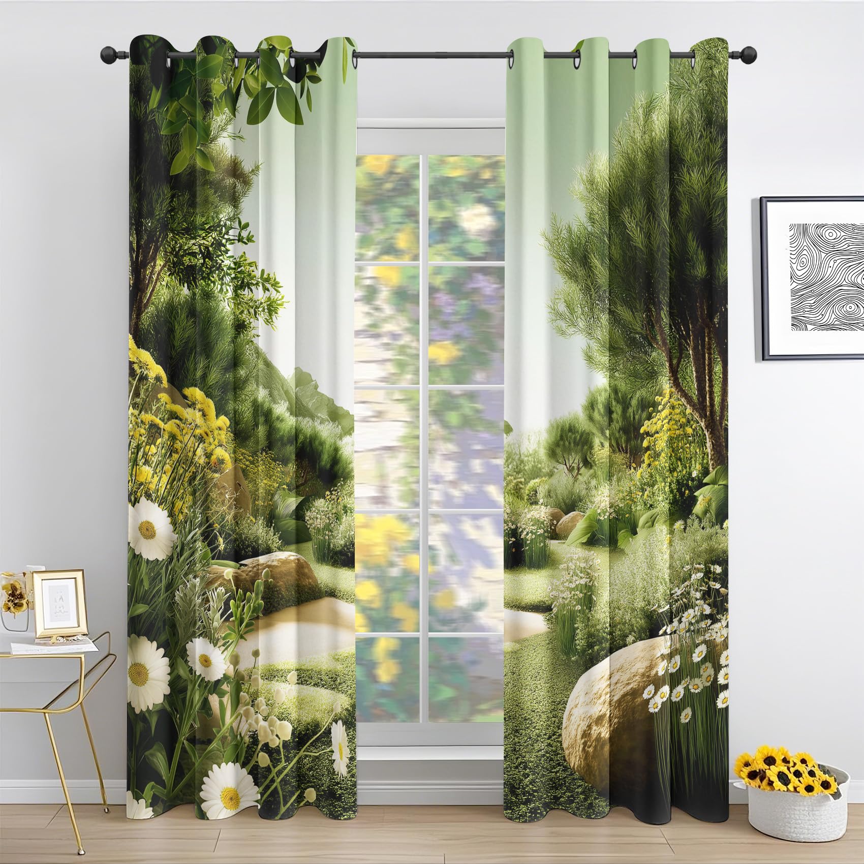 Generisch Natur Landschaft Vorhang, Grüne Bäume Wildblumen Blickdicht Gardinen für Wohnzimmer Schlafzimmer, Waldpflanzen Vorhänge mit Ösen Verdunklungsvorhänge - Deko Vorhänge 2er Set 110x215 cm