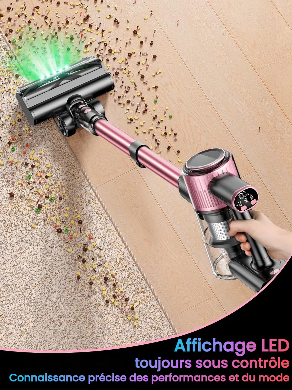 Aspirateur Balai sans Fil 52KPa/500W/45Mins, Écran LED, Tuyau Extensible, Brosse Anti-Enchevêtrement, Filtration 5 Niveaux, Idéal pour Sols Durs, Tapis, Poils d'animaux et Voiture - Rose