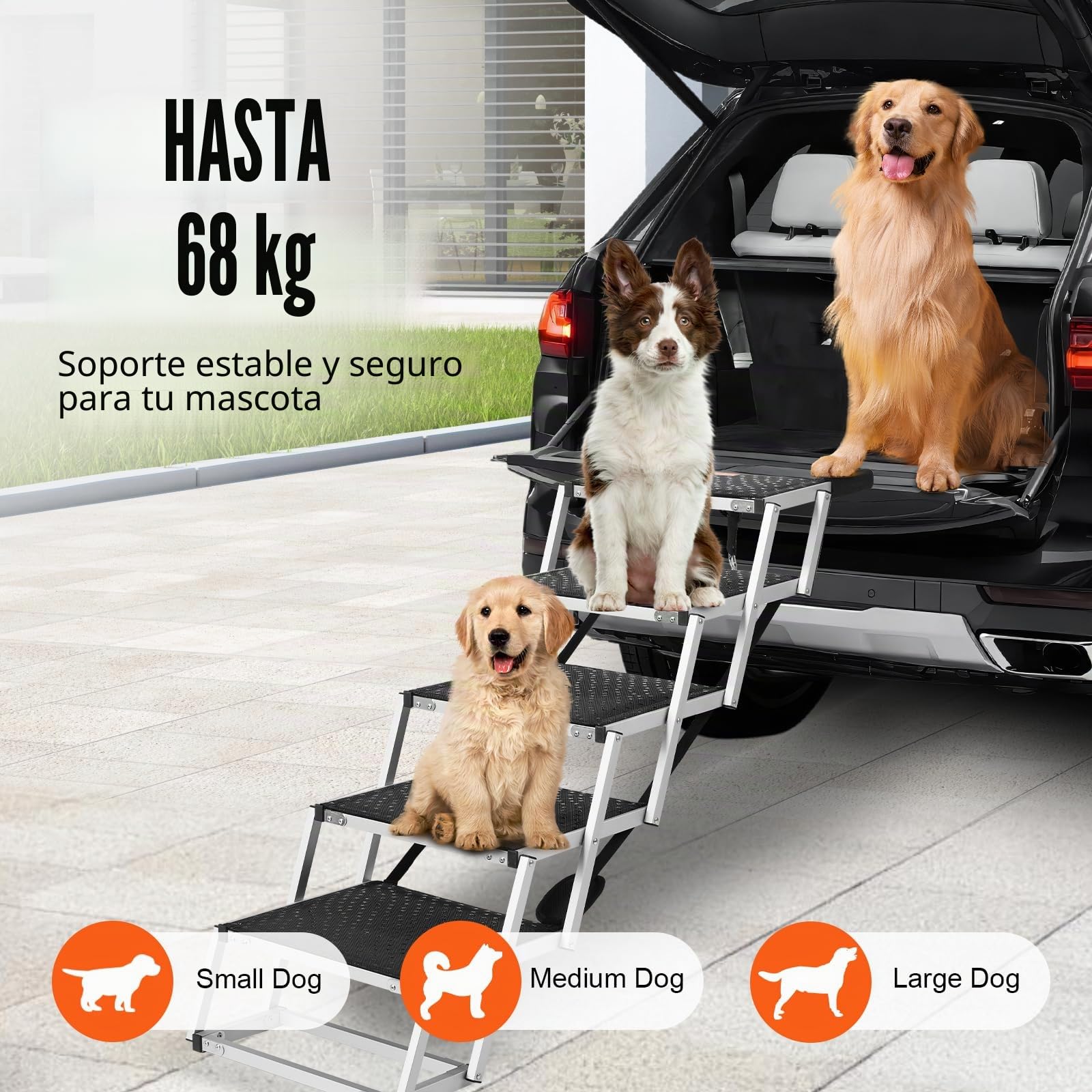 VEVOR Escaleras para Perros para Coche de 5 escalones, Carga de 68 kg Rampa Plegable para Perros de Aluminio Ligero con Superficie Antideslizante Escalones Portátiles de Mascotas para Coche y Camión