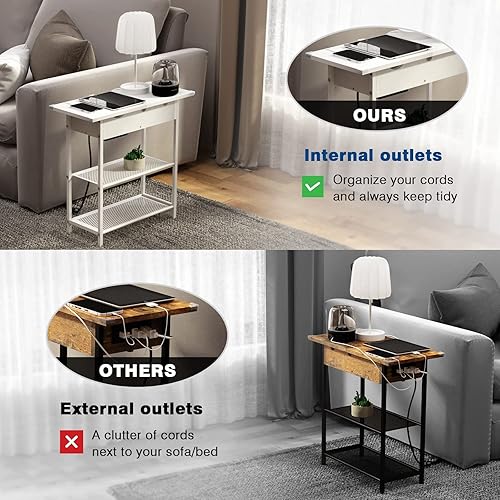 Miniatura 4 de Mesa auxiliar de sofá con puertos USB y tomacorrientes mesa auxiliar estrecha con estante de almacenamiento para espacios pequeños mesita de noche