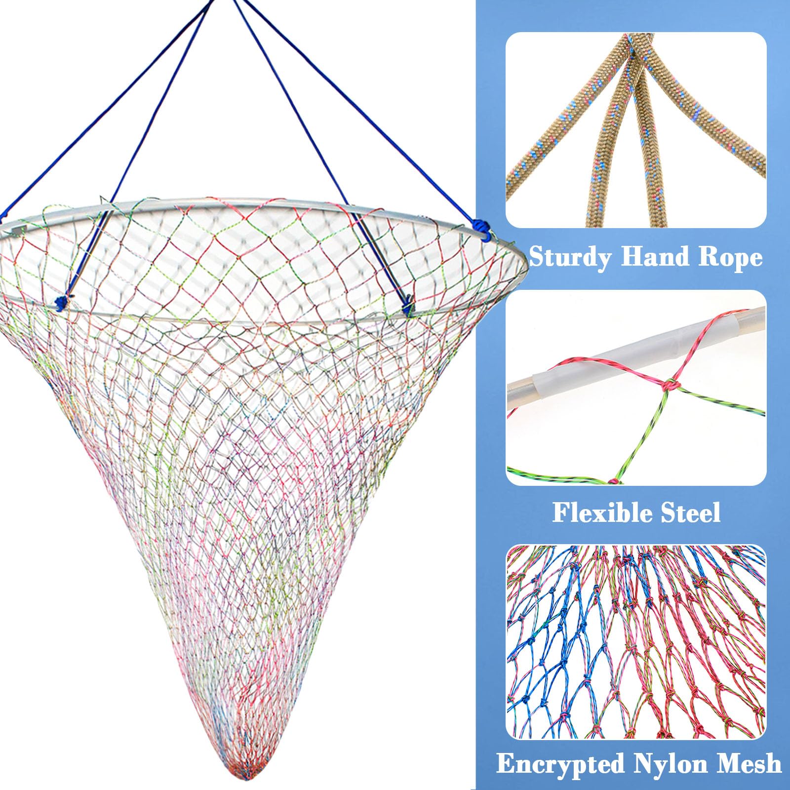 Red de pesca de puente y muelle, diseño resistente para peces grandes, red de pesca portátil con cuerda, aro de acero suave grueso, red colorida de doble línea, cuerda y bolsa de