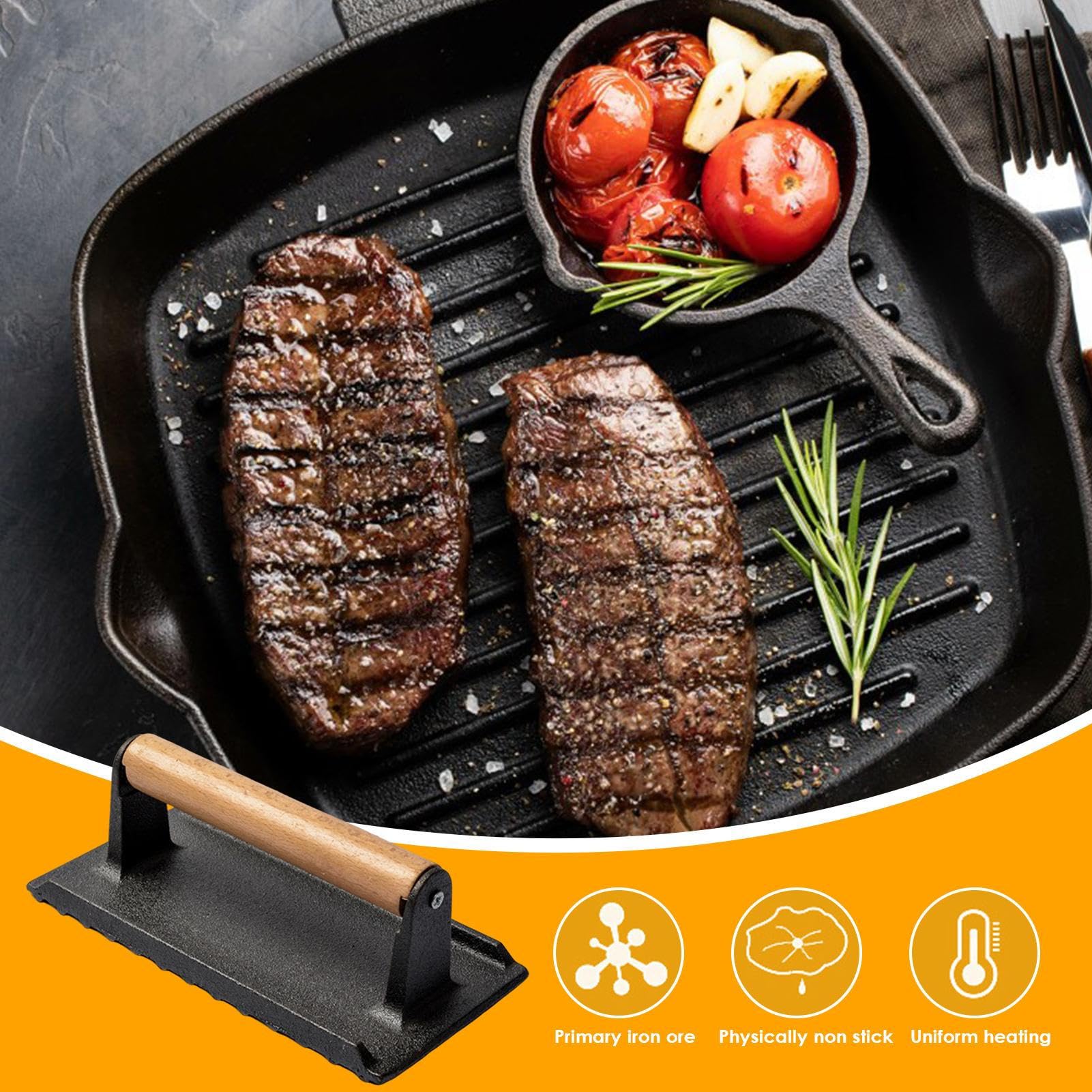 Presiona de parrilla de cocción pesada: peso duradero de carne de hierro fundido con mango de madera | Bistec resistente al calor para sándwiches de barbacoa panqueques hamburguesas salchichas de