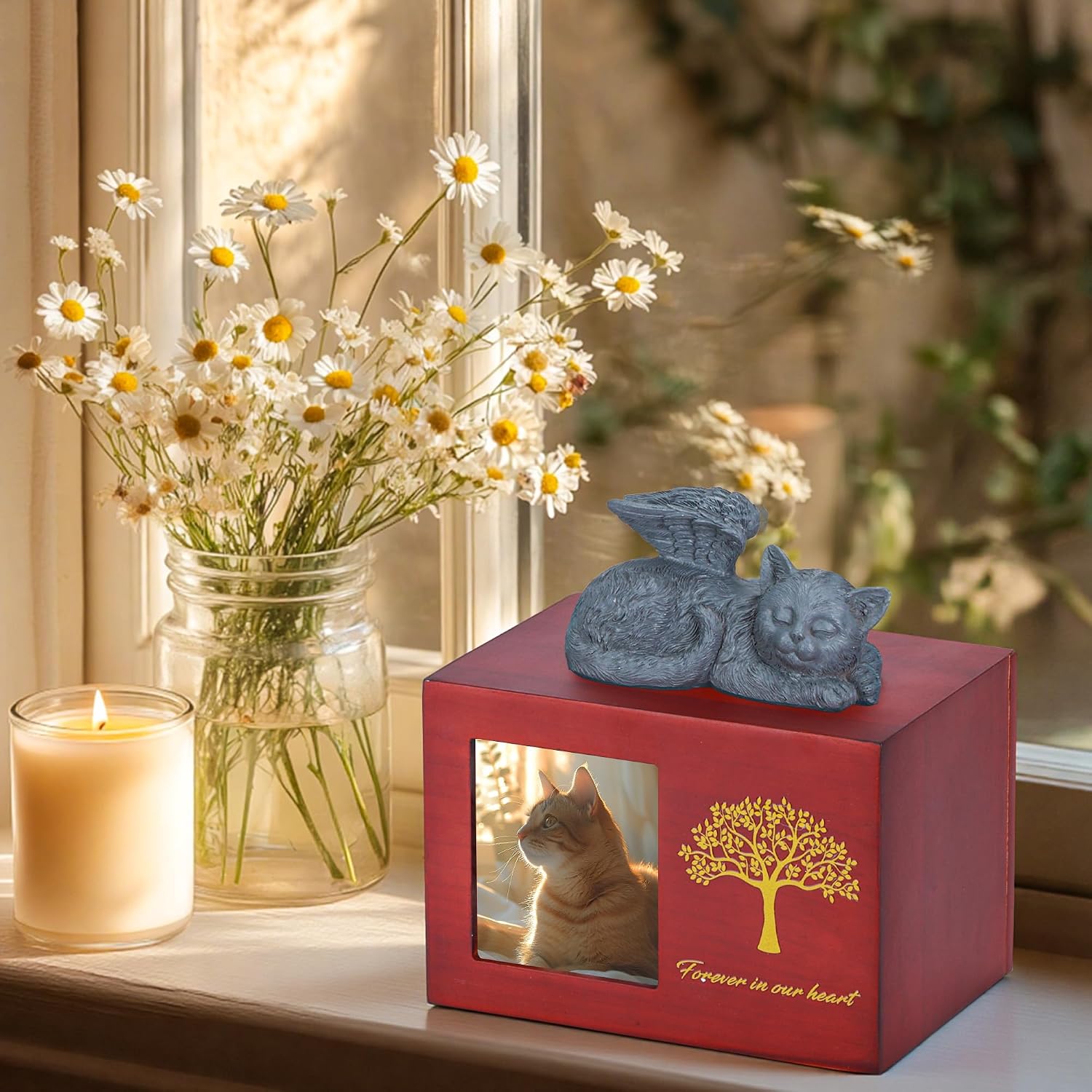 Pet Urn for Cat Ashes, Tree Pattern Wooden Keepsake with Photo Frame, Memory Box with Resin Animal Statue and Sealed Storage Bags (75lbs)（Brown）