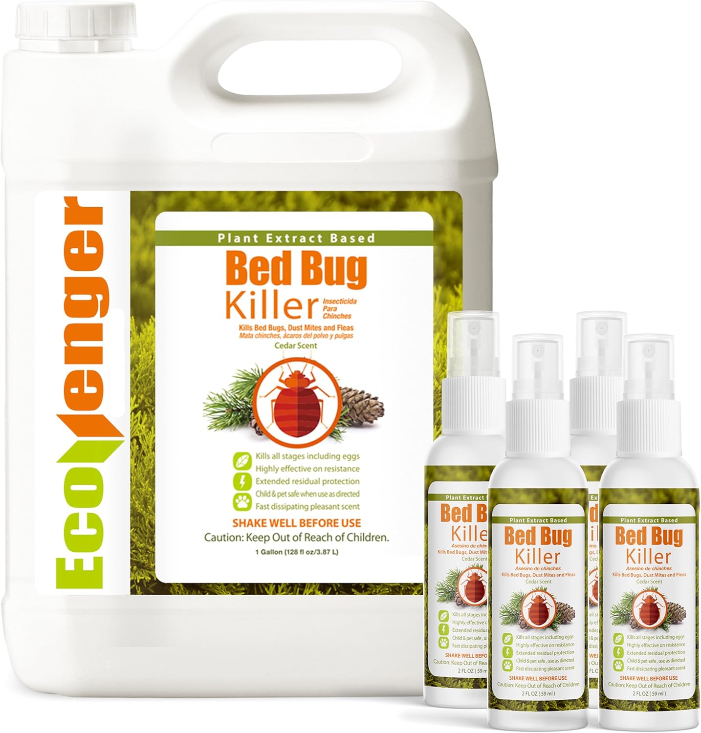 EcoVenger Bed Bug Killer Set – 1 Gallon + 4 Travel 2oz, 100% Kill, Eggs & Resistant Strains, USDA BIO, Non-Toxic, Safe for Kids & Pets