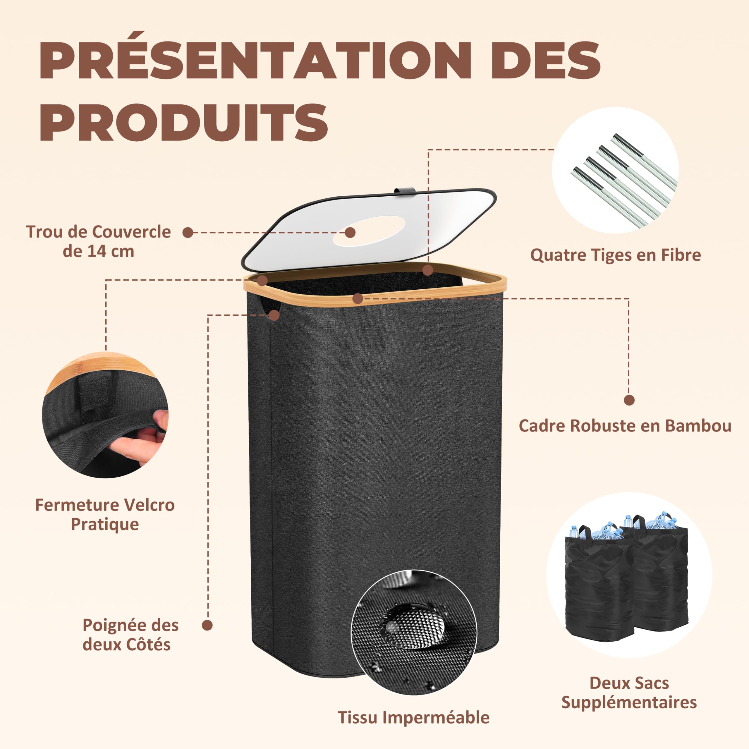 Poubelle Cuisine Tri Sélectif 100L Noir – Bac Recyclage Double Compartiment Bambou