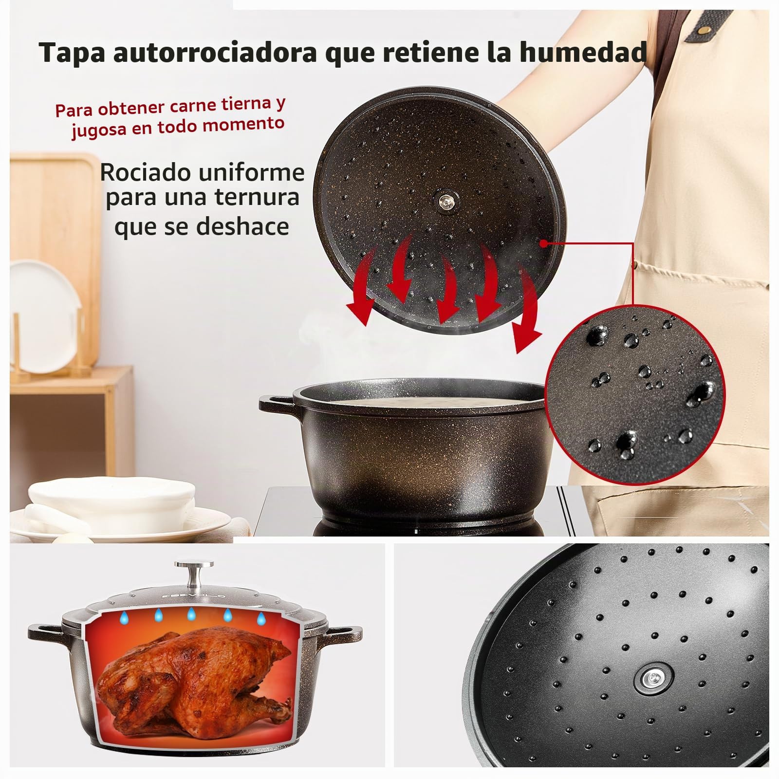 Olla de hierro fundido (24 cm), diseño redondo de aluminio fundido con revestimiento antiadherente, olla con tapa, ideal para sopa, estofados, pan, horno y gas, color negro