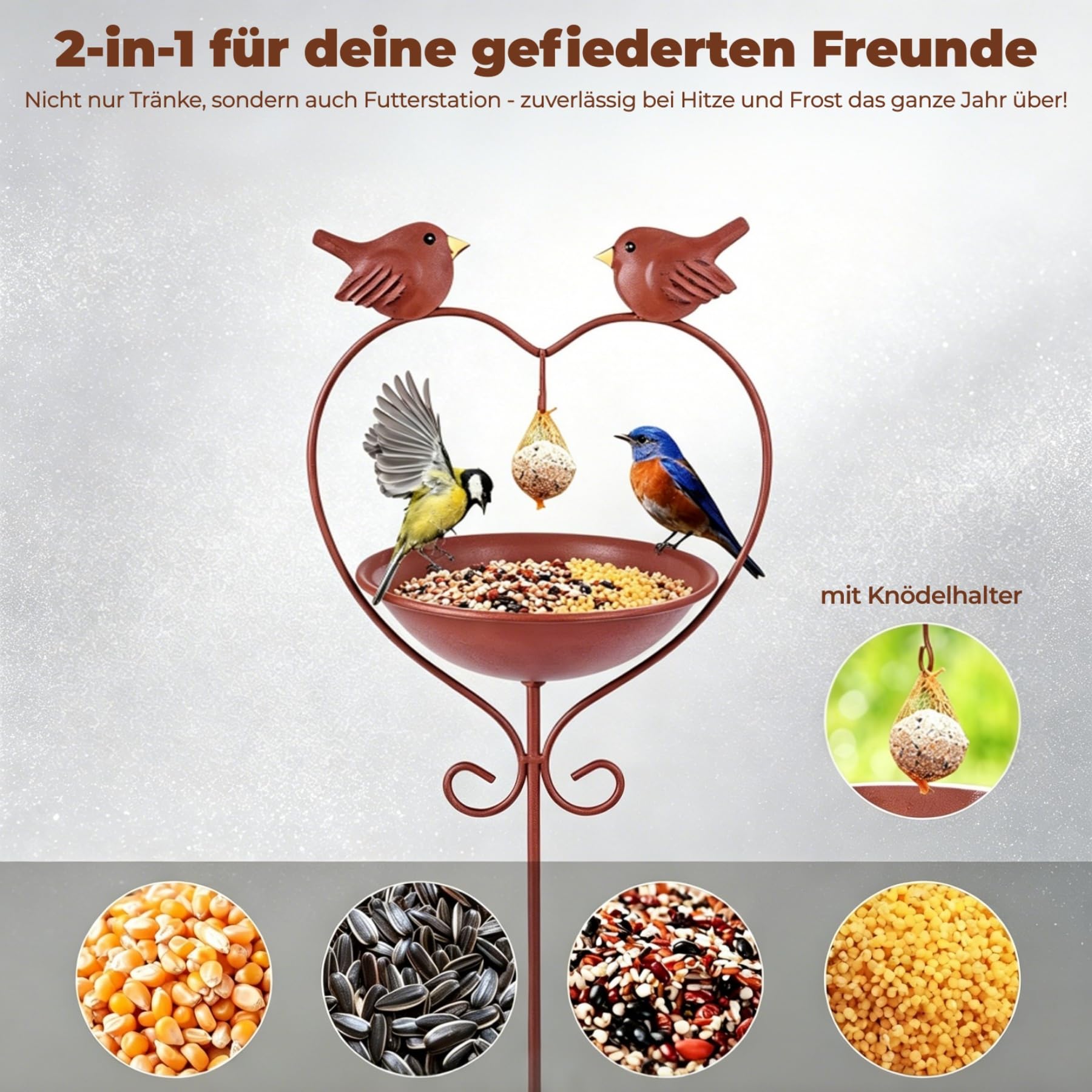 Vogeltränke Stehend Winterfest Metall, Vogelbad für Wildvögel | H 115 cm Ø15cm Vogel Futterstation mit Meisenknödelhalter Rostoptik Regenfänger Gartendeko