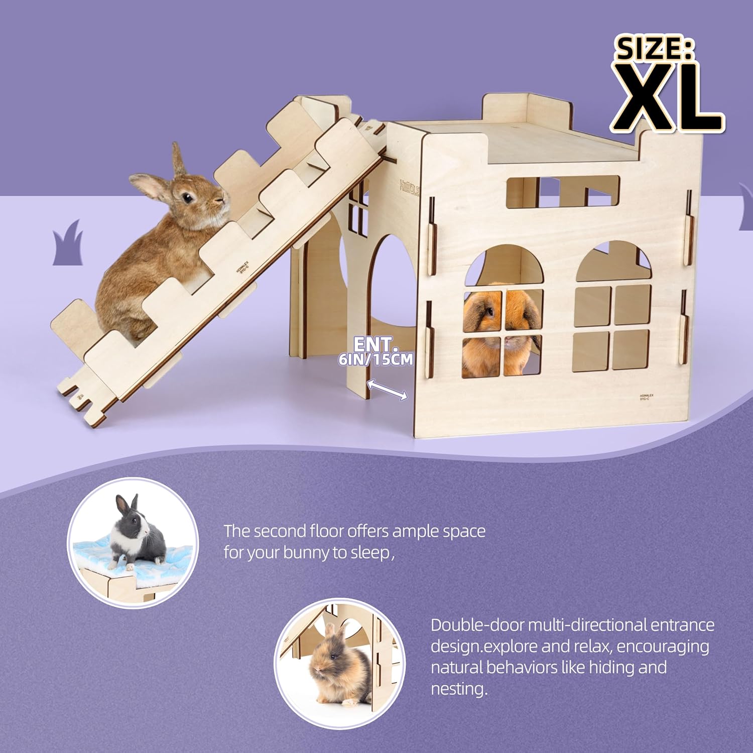 HIIMALEX Castle&Tunnel&Bed 3-in-1 Bunny's Gift Box: Extra Large Wooden Bunny Hideout with Ramp, Collasiple Tunnel and Soft Bed for Rabbit Guinea Pig Ferret Gerbil Hedgehog to Play Hide and Rest