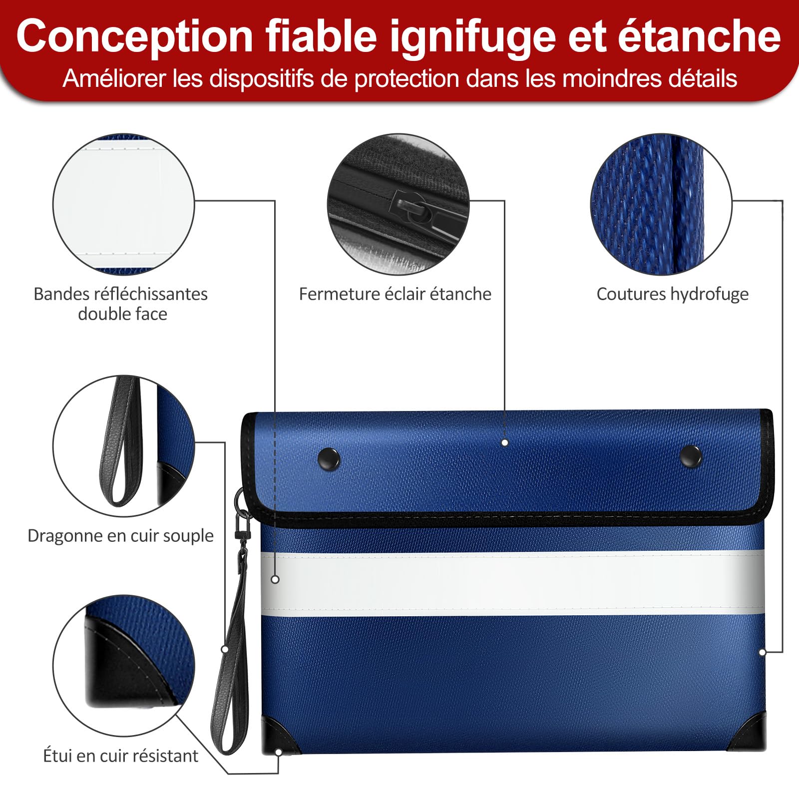 Vailoin Borsa per Documenti Ignifuga Fino a 5200°F (34 x 28 cm),Porta Documenti Impermeabile, Sacchetto Antincendio Rivestita in Silicone Antiprurito, per documenti A4, Denaro, Passaporto(Blu)