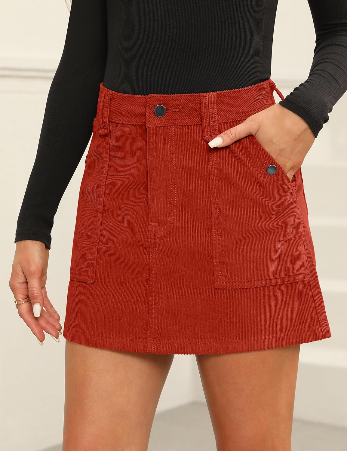 Fengbay Corduroy Skirt Women Casual High Waist Fall Winter A Line Mini Skirts for Women with Pocket - Image 3