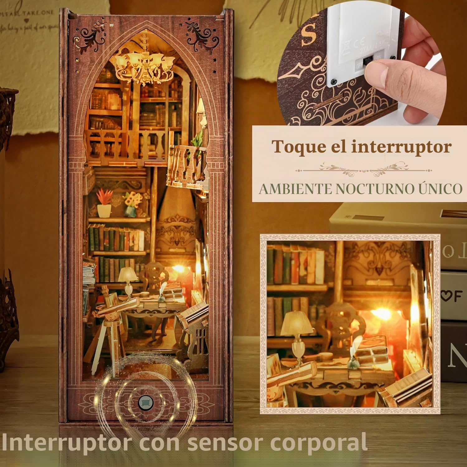 MeYuxg Book Nook Harry Potter, Biblioteca Booknook con Luz LED, DIY Harry Potter Book Nook Kit de Madera para Manualidades DIY Casa en Miniatura Regalos (Biblioteca)