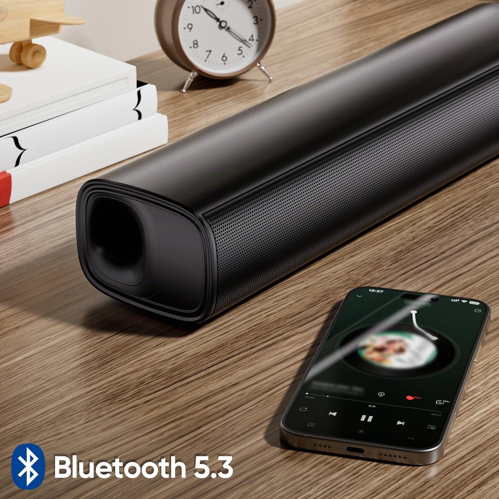 Saiyin 2.0-Kanal Soundbar für TV Geräte, 14.2 Zoll kompakte TV-Soundbar, 40 W Lautsprecher für Fernseher mit Optischer/AUX/Bluetooth-Verbindung, 3 EQ-Effekte für TV/PC/Projektor