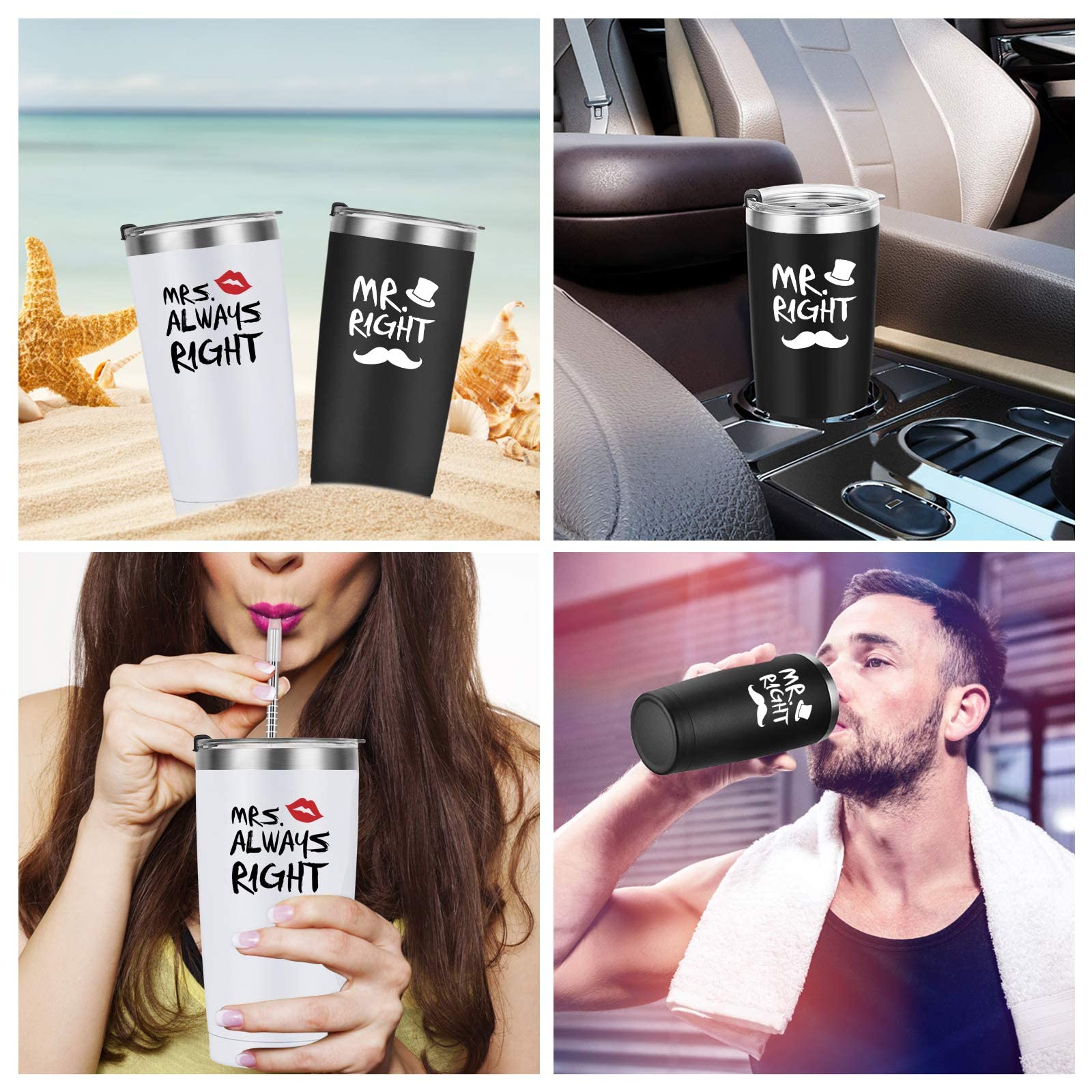 Livole Mr Right Et Mrs Always Right - Cadeaux De Mariage Pour Couple, 2 Gobelets Vin 20oz Acier Inoxydable Avec Couvercle Et Paille