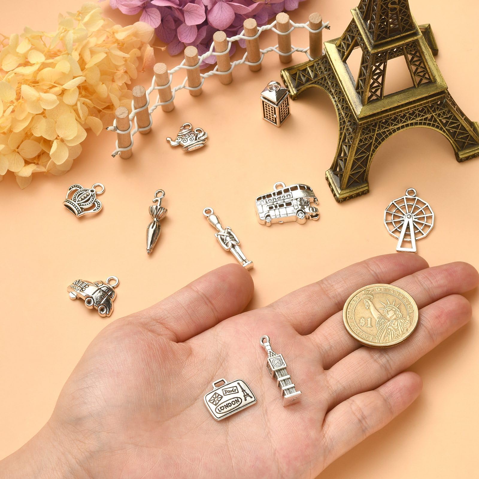 DanLingJewelry 100Pcs 10 Styles London Theme Charms Antique Silver Big Ben Windmill Bus Car Charm Tibetan Travel Charms for Jewelry Making - Image 3