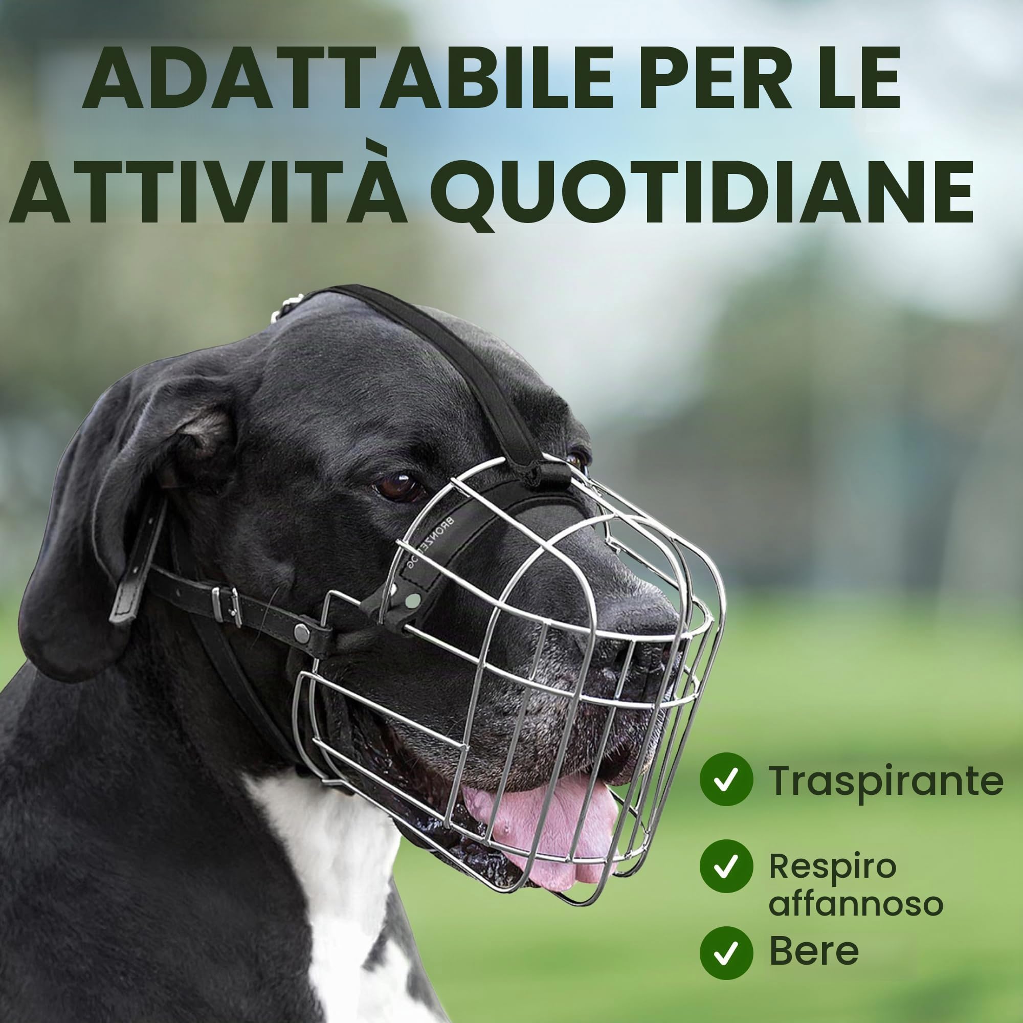 BronzeDog Museruola per cani in metallo, con cestino in filo metallico, maschera traspirante con cinghie in pelle regolabili, per cani di taglia extra large (XL)