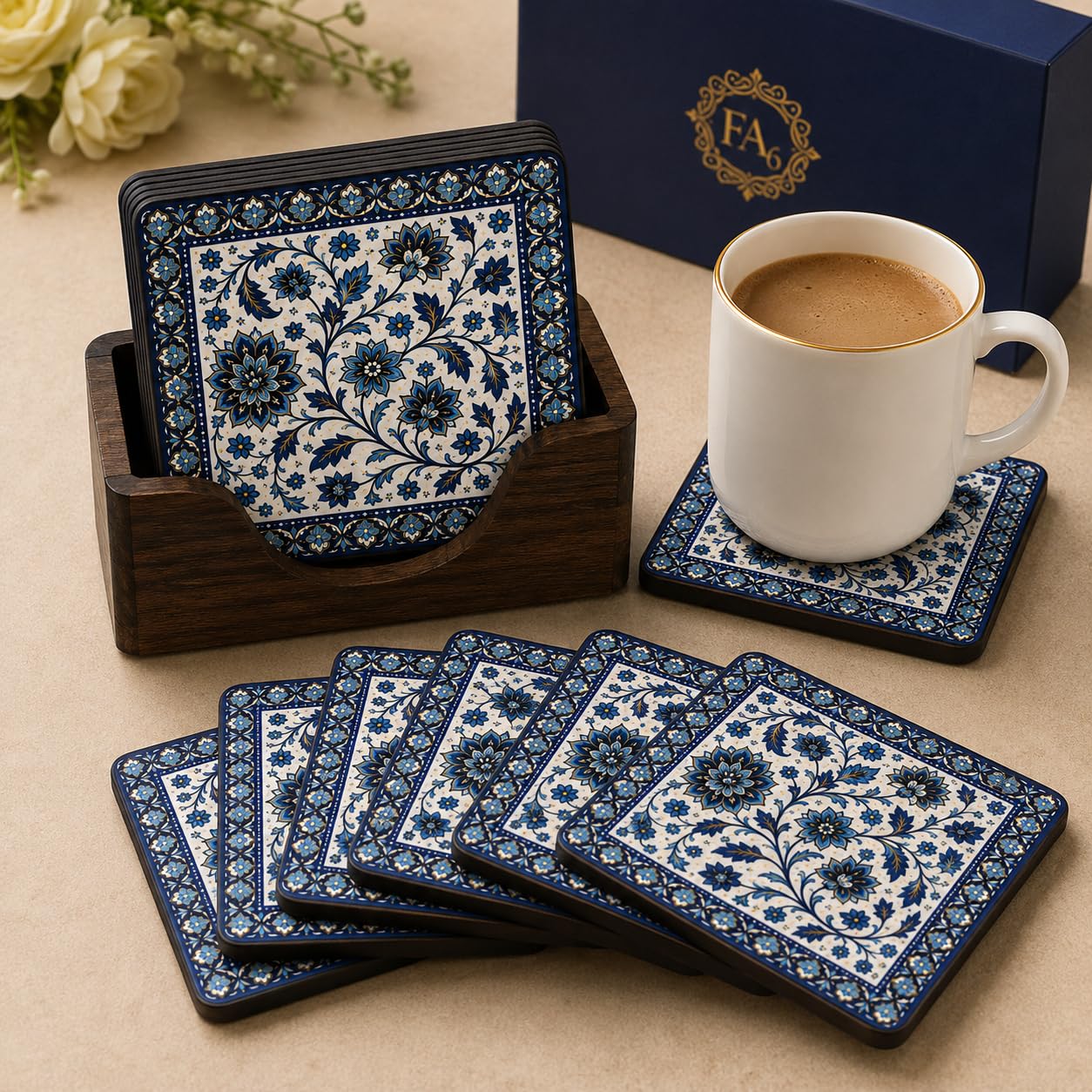 Imperial Blue Mosaic MDF Tea Coaster Set with Wooden Holder 6 Pcs 4 x 4 Inch-image-0