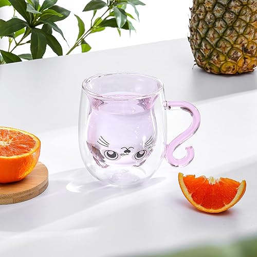 Miniatura 2 de SHENDONG Lindas tazas de gato con asa, taza de café de 8.5 onzas, taza de leche de doble pared aislada de vidrio, tazas de café expreso, regalo para