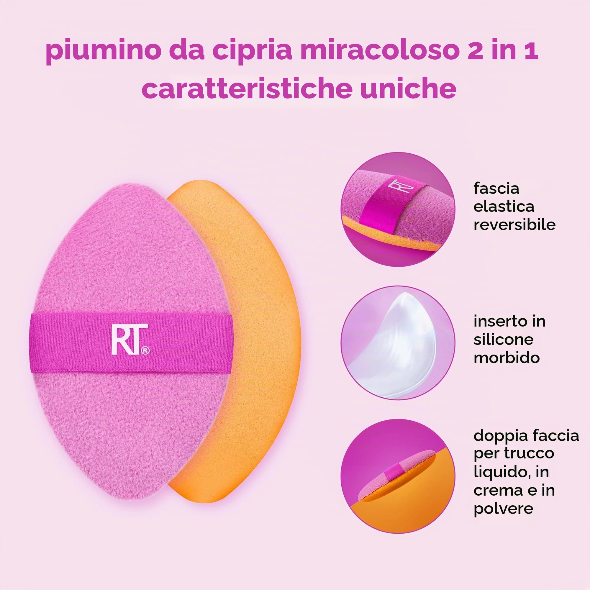 Real Techniques Miracle Puff+custodia da viaggio 2-in-1, per miscelare il trucco su entrambi i lati, fascia elastica, 2 pezzi