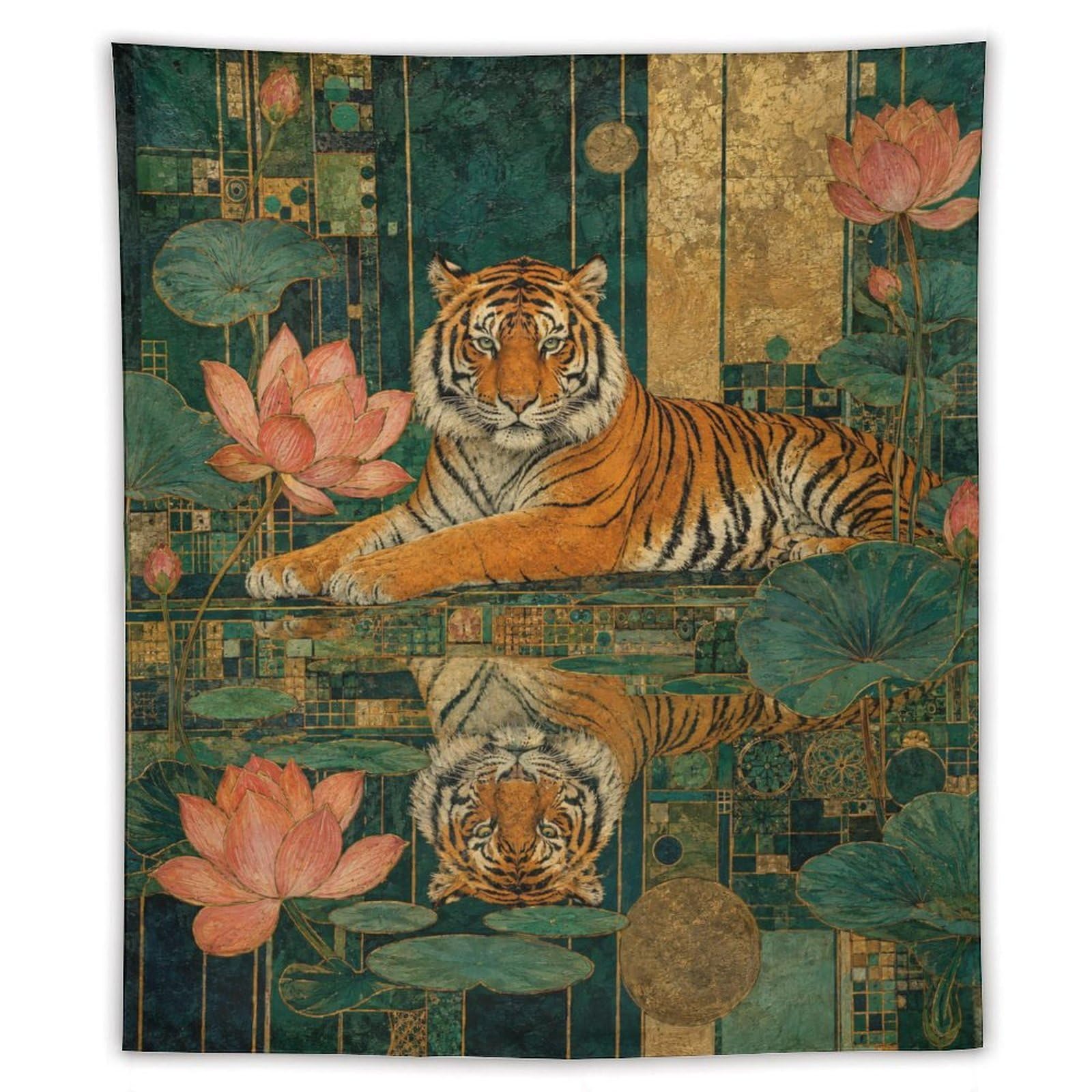 H3B8U2Y5 Tiger with Lotus Wall Tapestry, Asian Ink Style, Asian Jungle