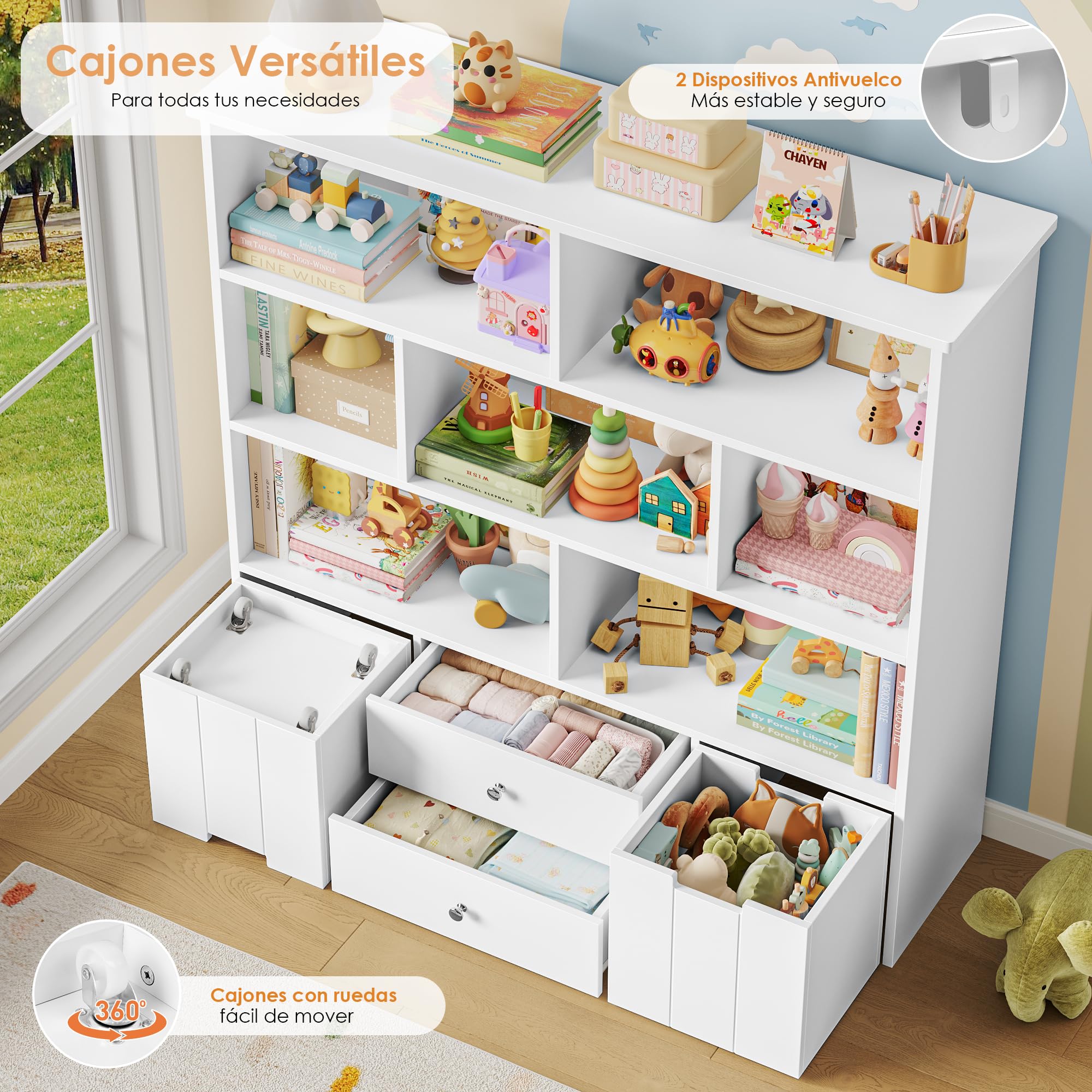 FOREHILL Estanteria Montessori Infantil Mueble Almacenaje Juguetes, Mueble Organizador Juguetes, con 4 Cajones, 7 Compartimentos Abiertos, para Habitación Infantil, Salón, Blanco 125x33x120 cm