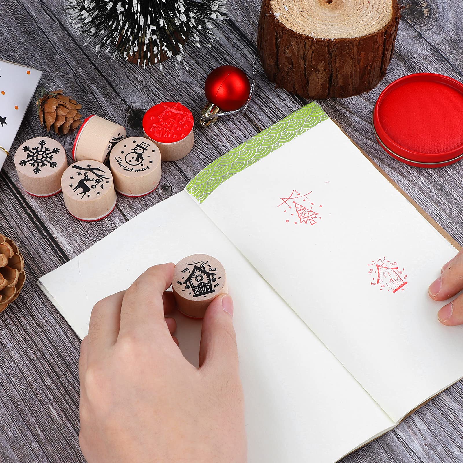 NEERIX Weihnachtsstempel Set 6 Stück - Holz Stempel Mit Weihnachtsmotiven