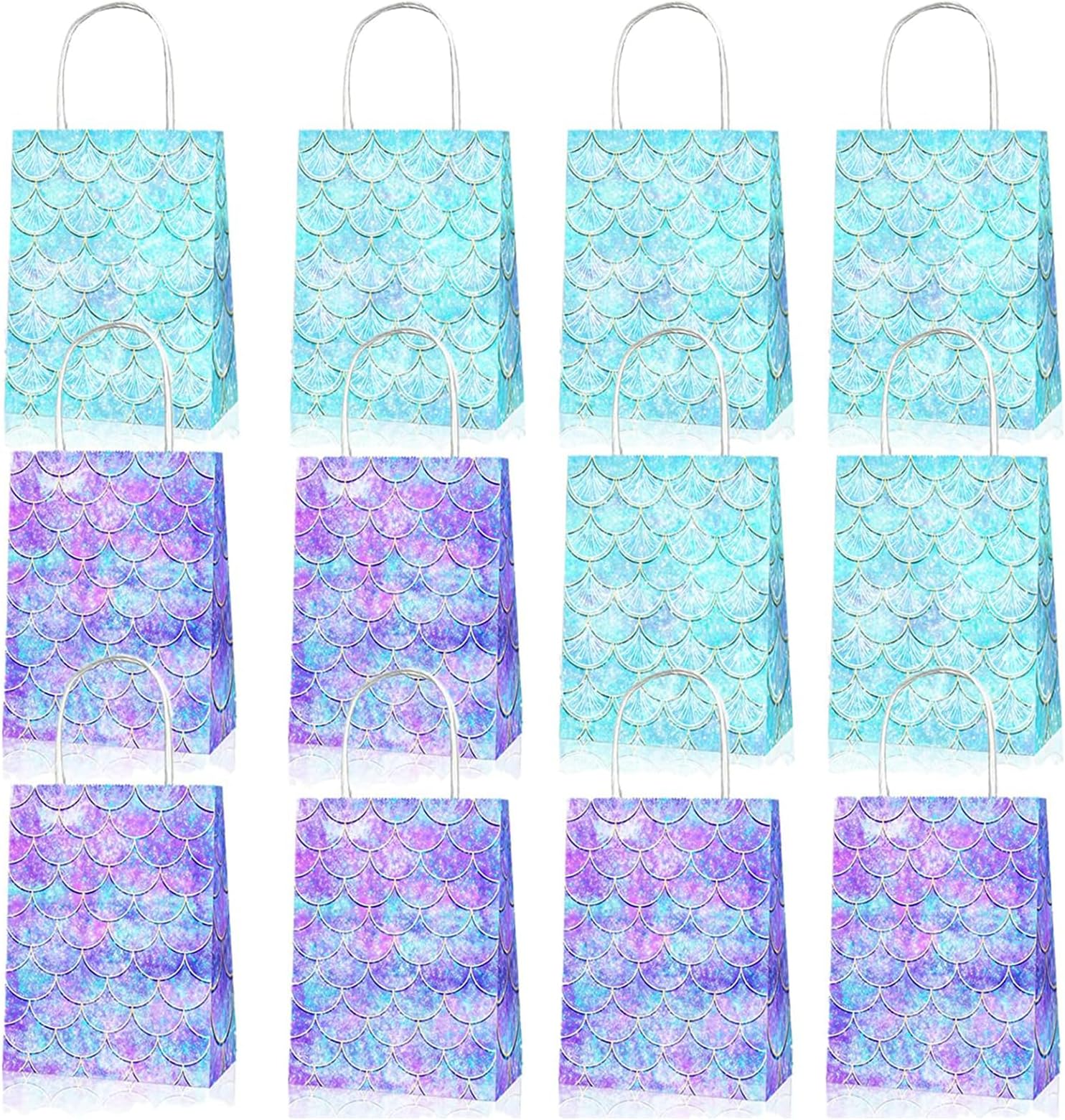 AM ANNA 12 Pack Mermaid Party Favor Bags, Ocean Under The Sea Theme Party Supplies Under the Sea Birthday Mermaid Party Supplies Handles for Girls Baby Shower Little Decorations (12 Pieces)