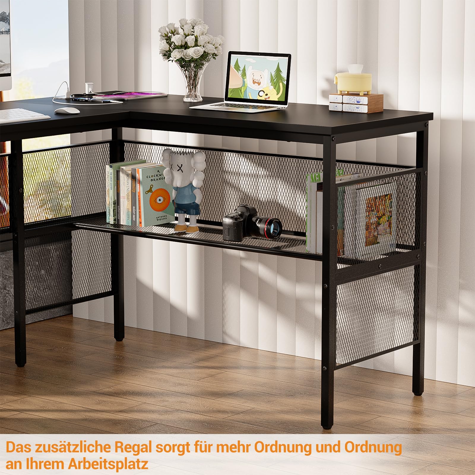 iSunirm L-förmiger Gaming-Schreibtisch, 141x117x76 cm, Computertisch mit Ablagefach, Büroschreibtisch mit umkehrbarem Ecktisch für Studium, Spielen, Homeoffice,Schwarz