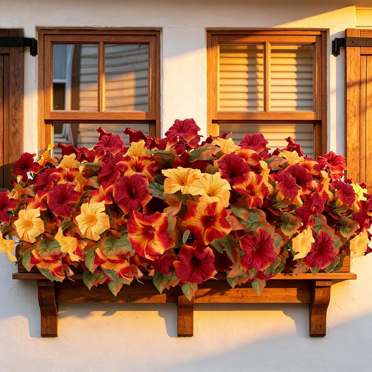 Artificial Fall Petunias for Outdoor, 4 Bundles Burgundy Yellow Gradient | 15.75'' UV Resistant Fake Flowers for Porch Patio Garden Planters Window Boxes Autumn Decor