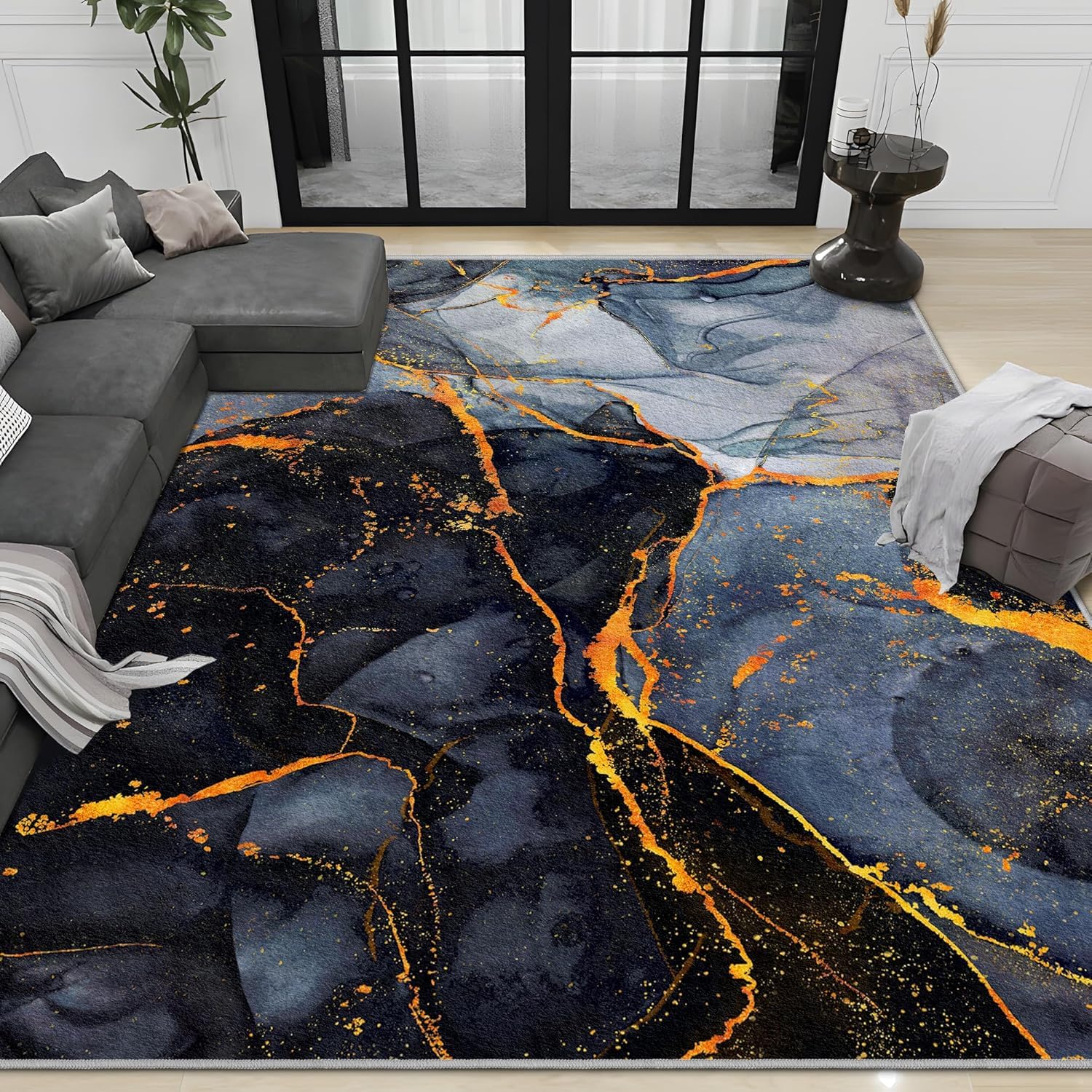 Kuluoits Grey Marble Area Rug 180x230cm Luxurious Beautiful Black Gold Grey Washable Carpet Soft Non-Slip Non-Shedding Carpet for Living Room Bedroom Easy Care Rug for Kitchen Dining Room Home Office