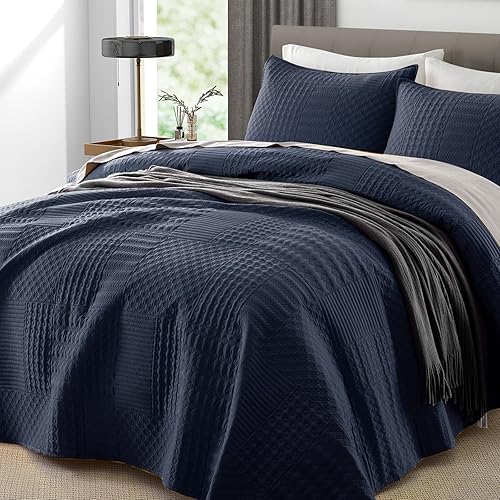 Miniatura 3 de Safonory Colchas acolchadas de retazos azul marino, tamaño King, juego de edredón ultrasónico de microfibra suave y ligera de verano para cama King