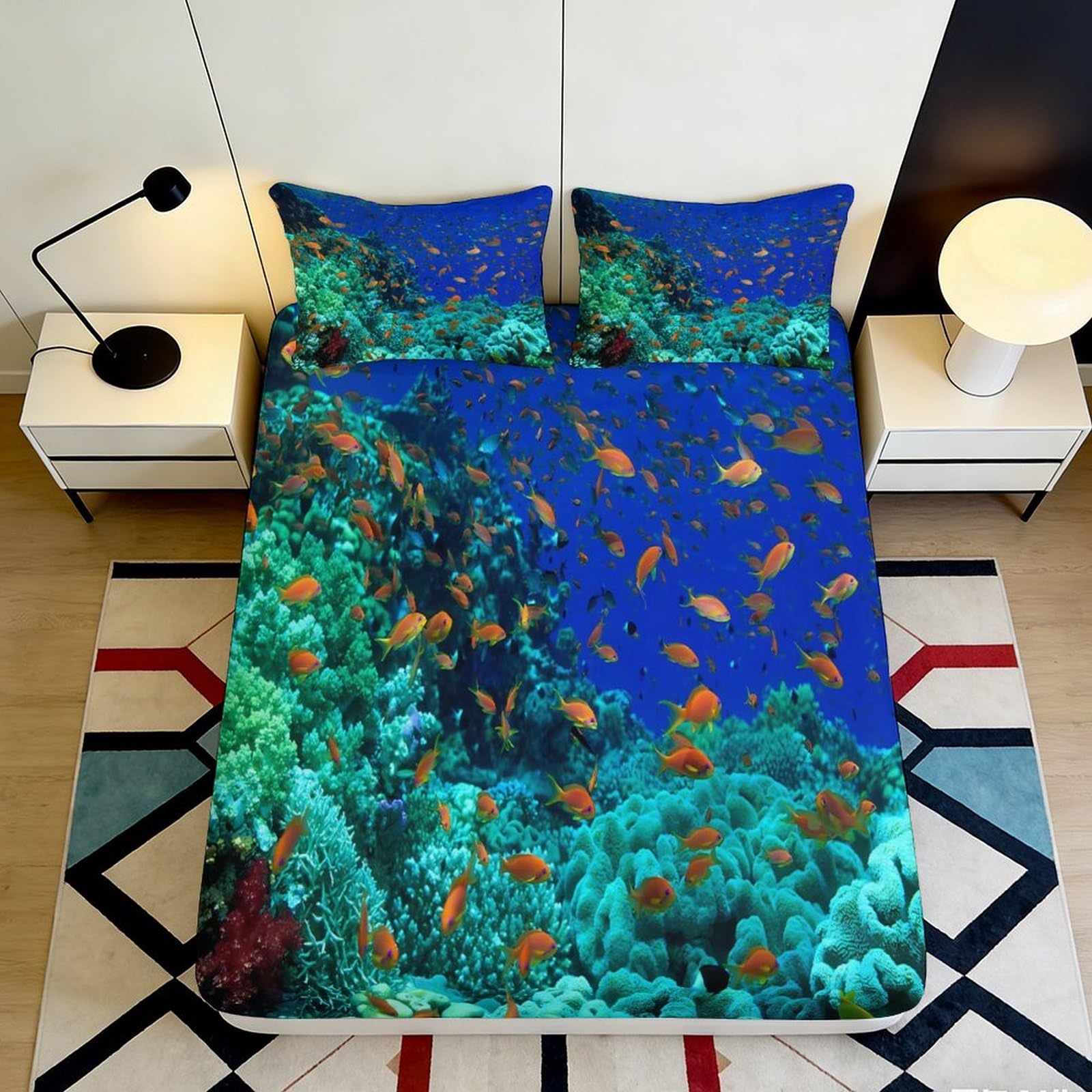 3D Printed Coral Reef Underwater Fitted Sheet Microfiber Soft Ocean Fish Bed Cover Anti-Slip Machine Washable Bedroom Decor 90x200x25cm