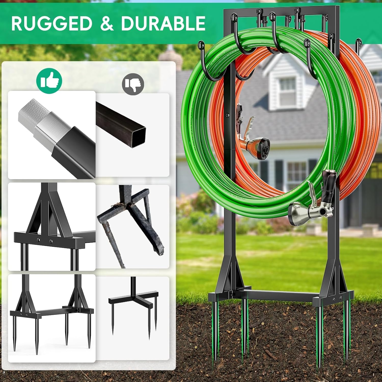 Kcysta Garden Hose Holder Freestanding, Double-Sided Water Hose Holders for Outside, Heavy Duty Metal Hose Stand Hanger Storage Rack