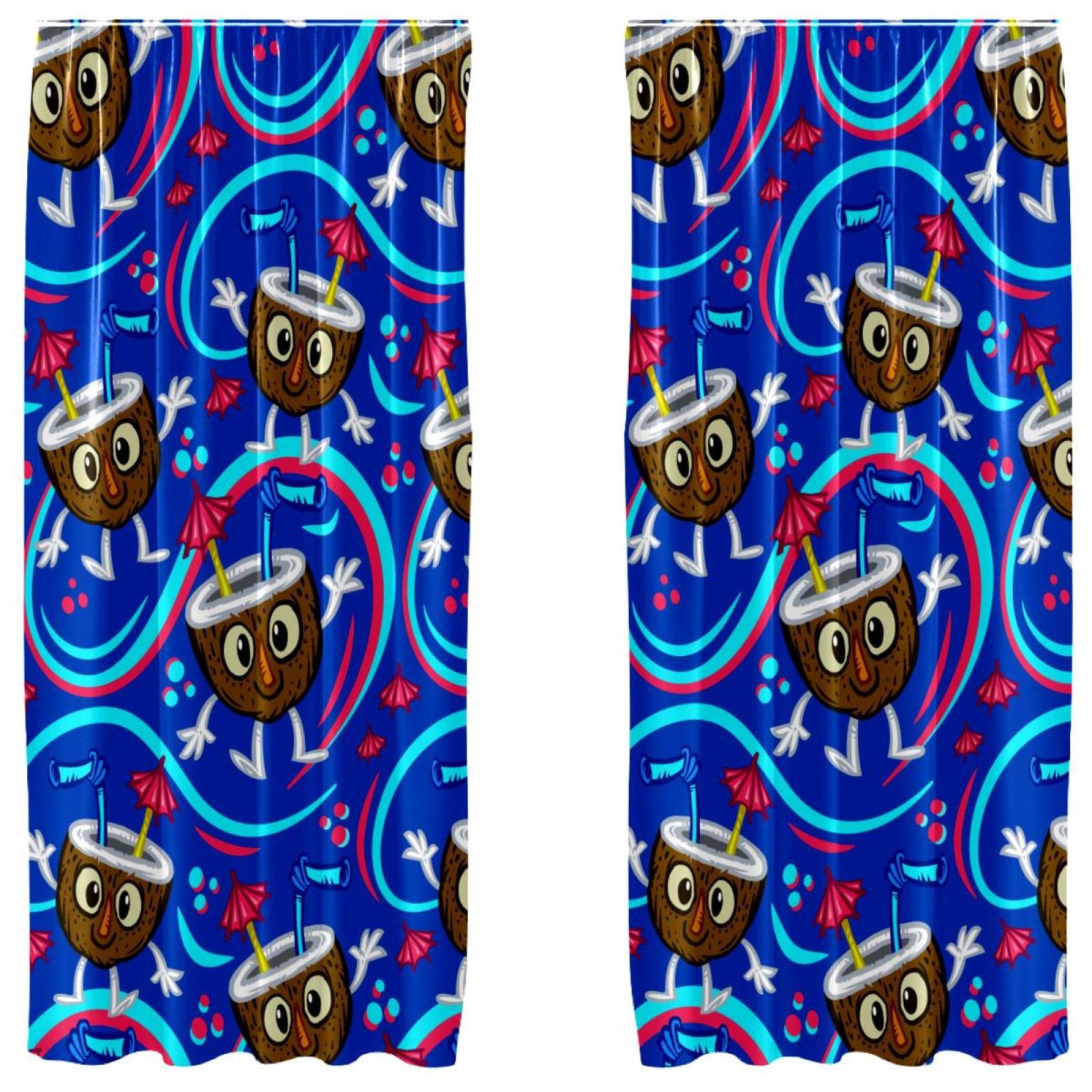 Rideaux bleu foncé motif coco 140x213 cm | Lot de 2 panneaux pour salon et chambre