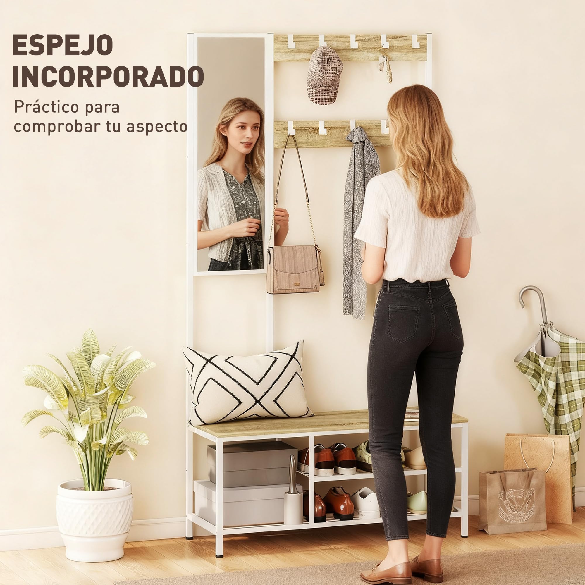HOMCOM Perchero Zapatero con Espejo, 4 en 1, 98x34x186 cm, Madera Natural | Perchero Entrada Recibidor, 3 Estantes, Banco, 10 Ganchos Ajustables, Estilo Moderno, para Pasillo, Dormitorio, Salón