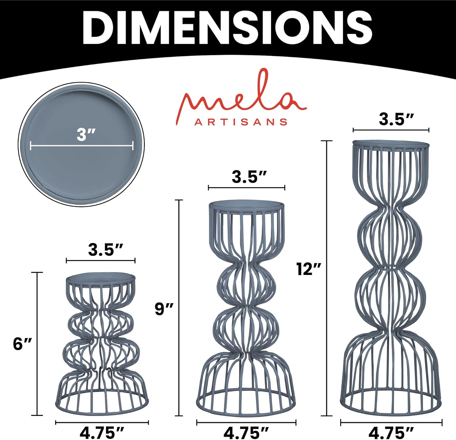 Lainon Candle Holders for Pillar Candles (Grey, Set of 3) - Hand Crafted Grey Metal Candle Holder Decoration - Metal Candle Pillar Holder for Table Centerpiece - Candle Stick Holder - 6", 9", 12"