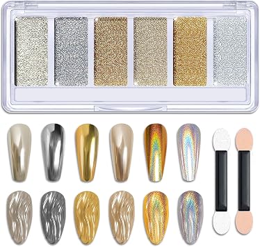 Gold Silver Chrome Nail Powder, 6 Colors Metallic Mirror Pigment Glitter Effect Powder Palette for Nails, Rose Gold Silver Champagne Rubbing DIY Dust for Nail Art Designs Decoration Gold Silver