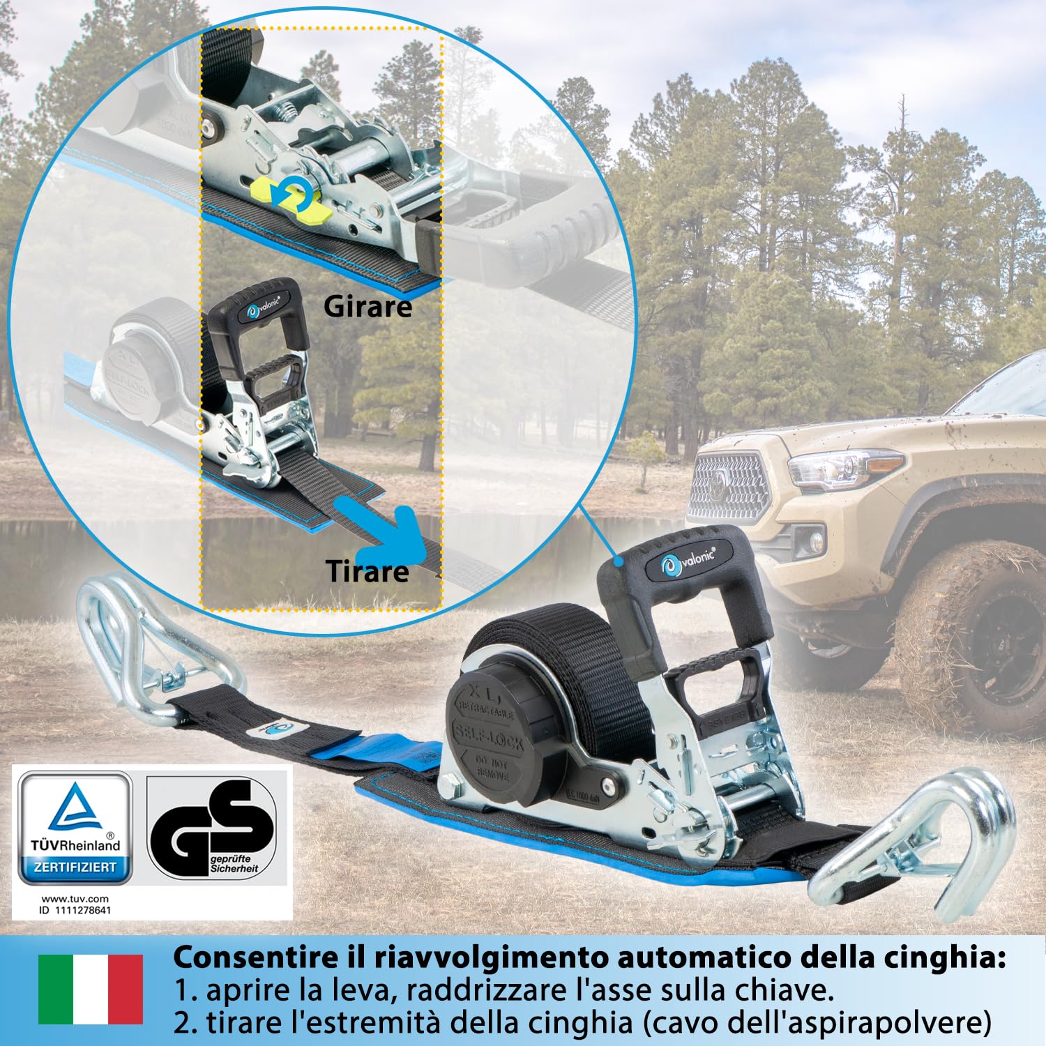 valonic GRIZZLY - 2x 5m XXL Cinghie di fissaggio automatiche con gancio a moschettone, 35mm, 800/1600 Kg, imbottite, certificate TÜV Rheinl. e GS, EN 12195-2 - con cricchetto, nero