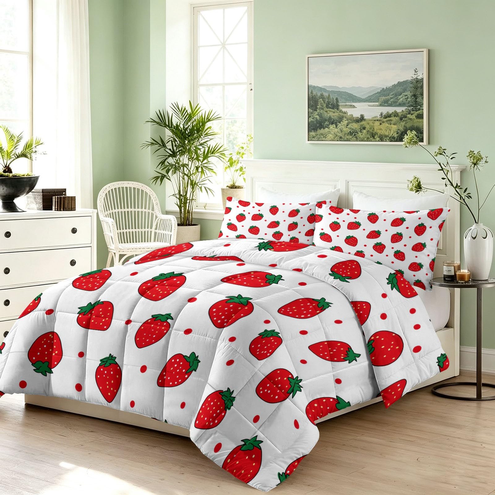 Kołdra 260 x 220 cm, na 4 pory roku, słodka truskawka, kropki, cztery pory roku, oddychająca, hipoalergiczna kołdra z kreskówki, owoce, bez poszewki, 3-częściowy zestaw z 2 poszewkami na poduszki 80 x