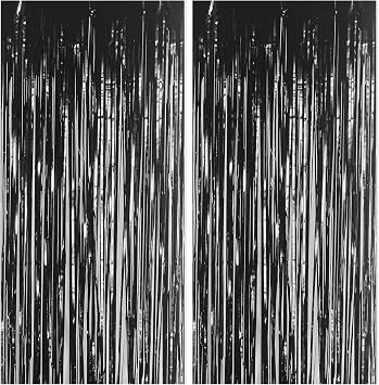 2pcs Tinsel Curtain Blue Glitter, 3ft X 6.4ft Aluminum Foil Flow Curtain Background Streamer, Girls Tinsel Curtains Pastel Foils Fringe,Birthday Party Wedding Backdrop Decoration(Black)