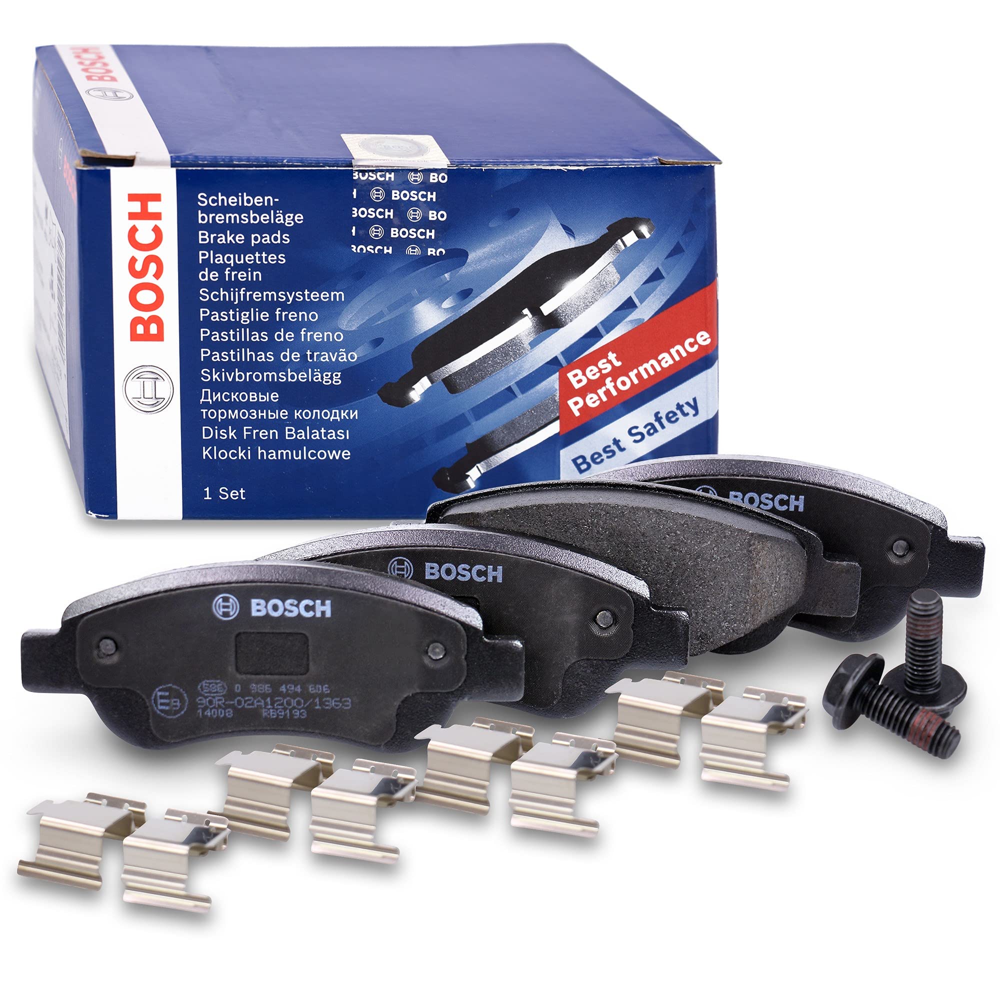 Bosch BP975 - Plaquettes de Frein Avant pour Voiture - Qualité Bosch - Réduction du Bruit et de la Poussière - Certifié ECE-​R90 - Sans Cuivre - Jeu de 4 Plaquettes - Avec Accessoires