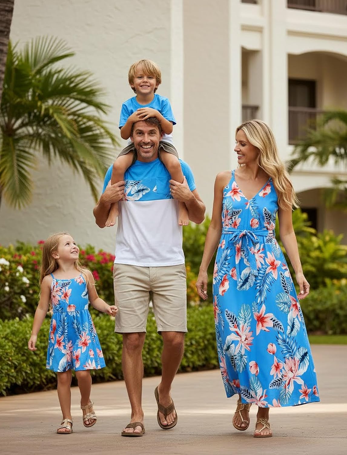 PATPAT Family Matching Outfits Mommy and Me Dresses Hawaiian Tropical Vacation Beach Spaghetti Strap Dress and Shirt
