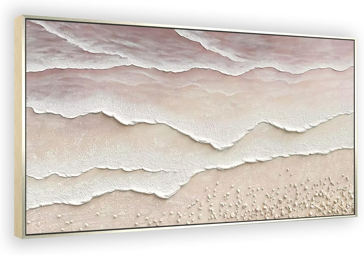 White Hand Painted Oil Painting Wall Art - Large Framed Ocean Waves 3D Textured Home Decor 48x24 Horizontal Canvas Minimalist Artwork Decoration for Living Room Bedroom